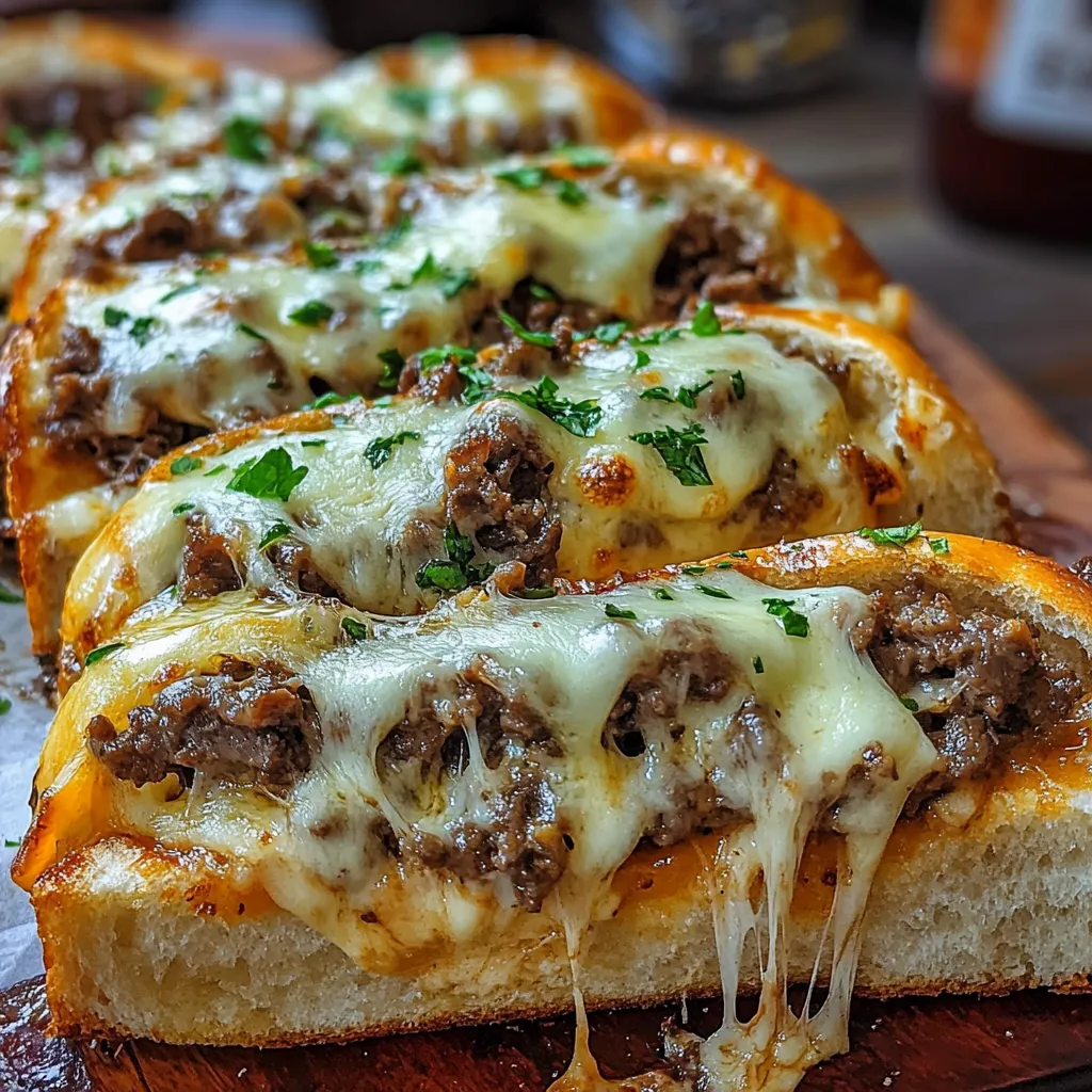 Philly Cheesesteak Cheesy Bread with tender steak, sautéed veggies, gooey cheese, and fresh parsley on a crispy French bread base.