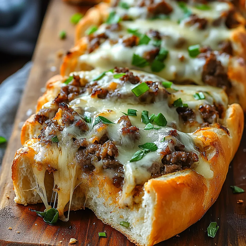 Philly Cheesesteak Cheesy Bread with tender steak, sautéed veggies, gooey cheese, and fresh parsley on a crispy French bread base.