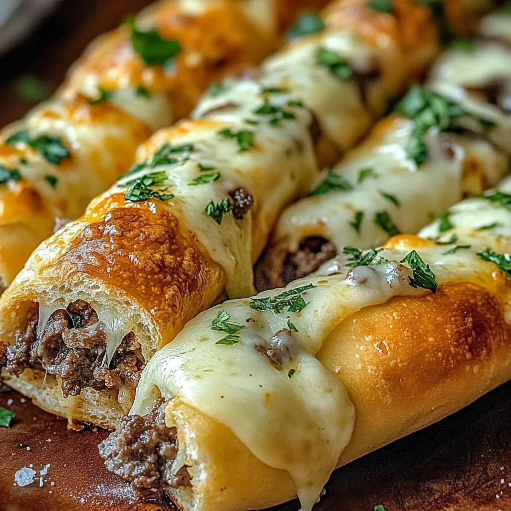 golden-baked Philly Cheesesteak Stuffed Cheesy Breadsticks garnished with parsley and served with marinara dipping sauce.