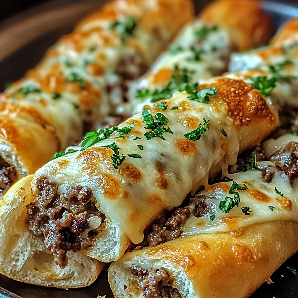 golden-baked Philly Cheesesteak Stuffed Cheesy Breadsticks garnished with parsley and served with marinara dipping sauce.