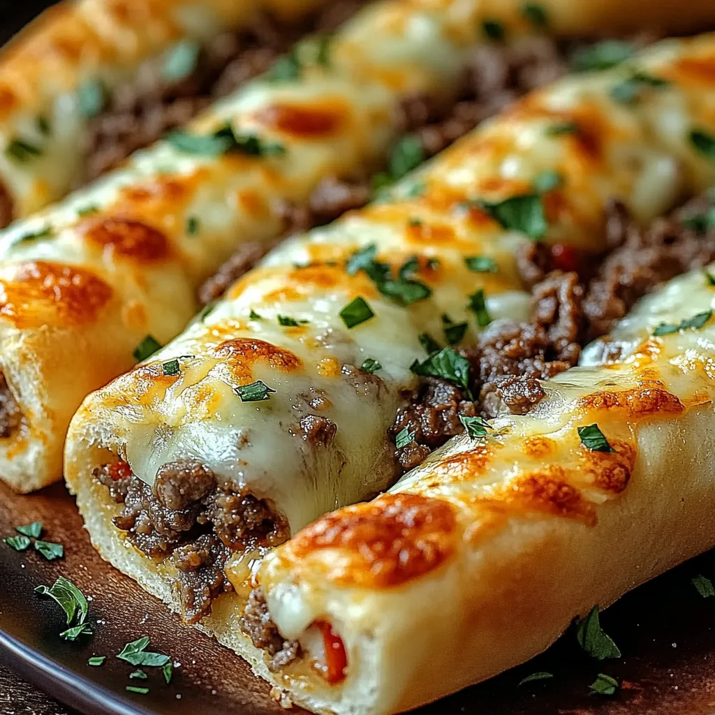 golden-baked Philly Cheesesteak Stuffed Cheesy Breadsticks garnished with parsley and served with marinara dipping sauce.