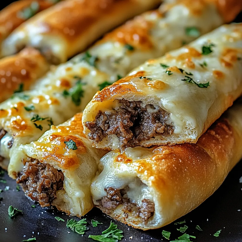 golden-baked Philly Cheesesteak Stuffed Cheesy Breadsticks garnished with parsley and served with marinara dipping sauce.