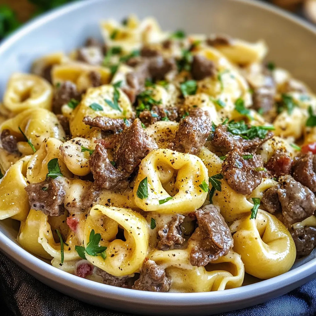 A skillet of Philly Cheesesteak Tortellini Pasta with melted cheese, tender beef, and colorful diced bell peppers, garnished with fresh parsley.