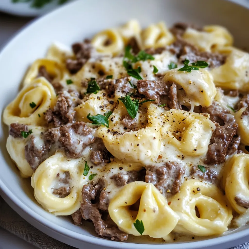 A skillet of Philly Cheesesteak Tortellini Pasta with melted cheese, tender beef, and colorful diced bell peppers, garnished with fresh parsley.