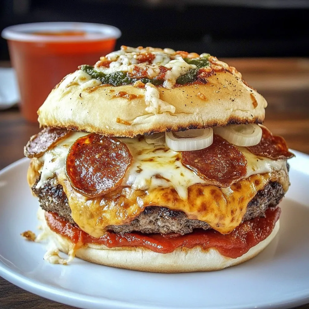 Pizza Burger topped with melted mozzarella cheese, marinara sauce, and pepperoni, served on a toasted bun.