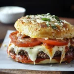 Pizza Burger topped with melted mozzarella cheese, marinara sauce, and pepperoni, served on a toasted bun.