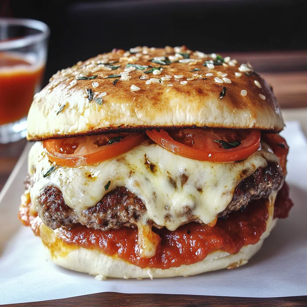 Pizza Burger topped with melted mozzarella cheese, marinara sauce, and pepperoni, served on a toasted bun.