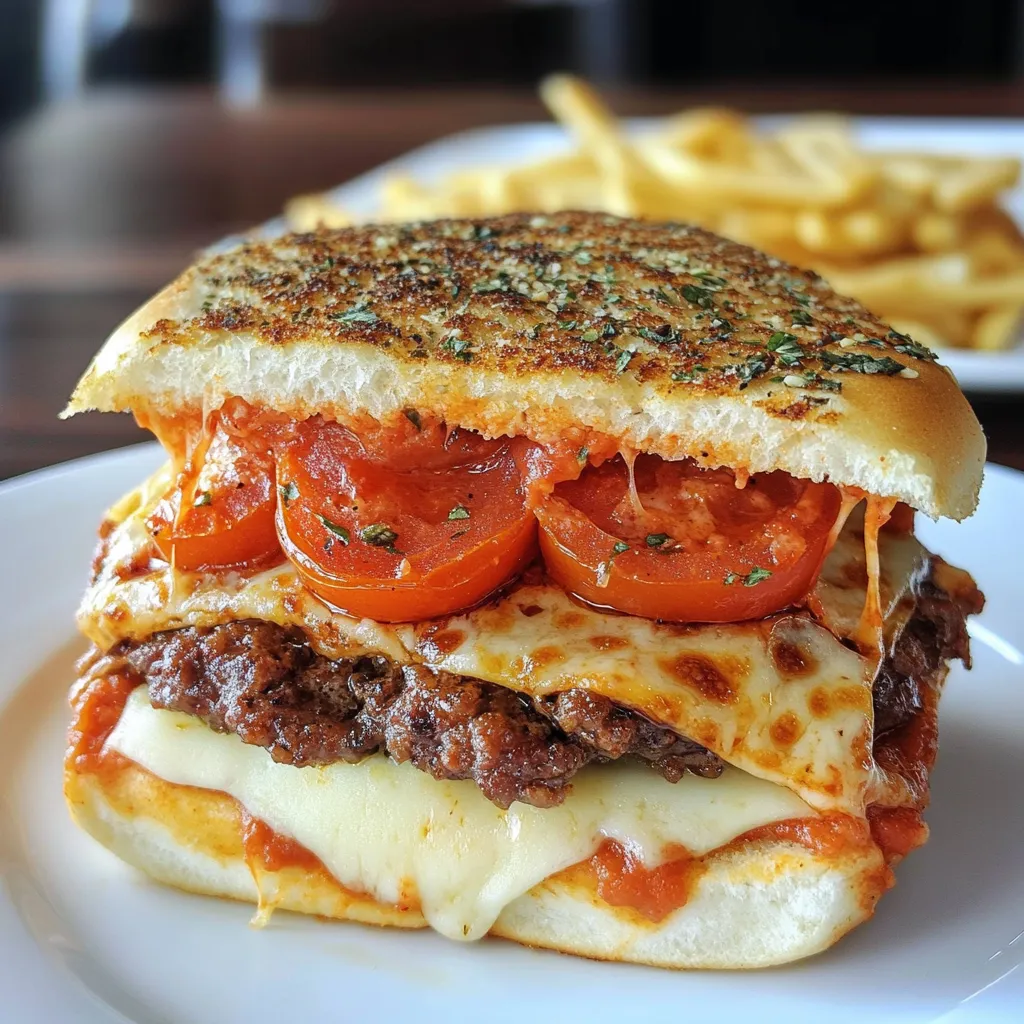 Pizza Burger topped with melted mozzarella cheese, marinara sauce, and pepperoni, served on a toasted bun.