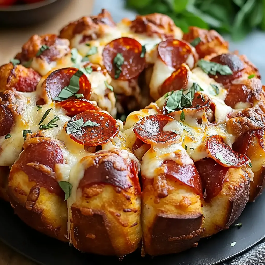 Golden-brown Pizza Monkey Bread with melted cheese and mini pepperoni, served with marinara dipping sauce.