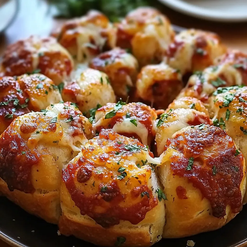 Golden-brown Pizza Monkey Bread with melted cheese and mini pepperoni, served with marinara dipping sauce.