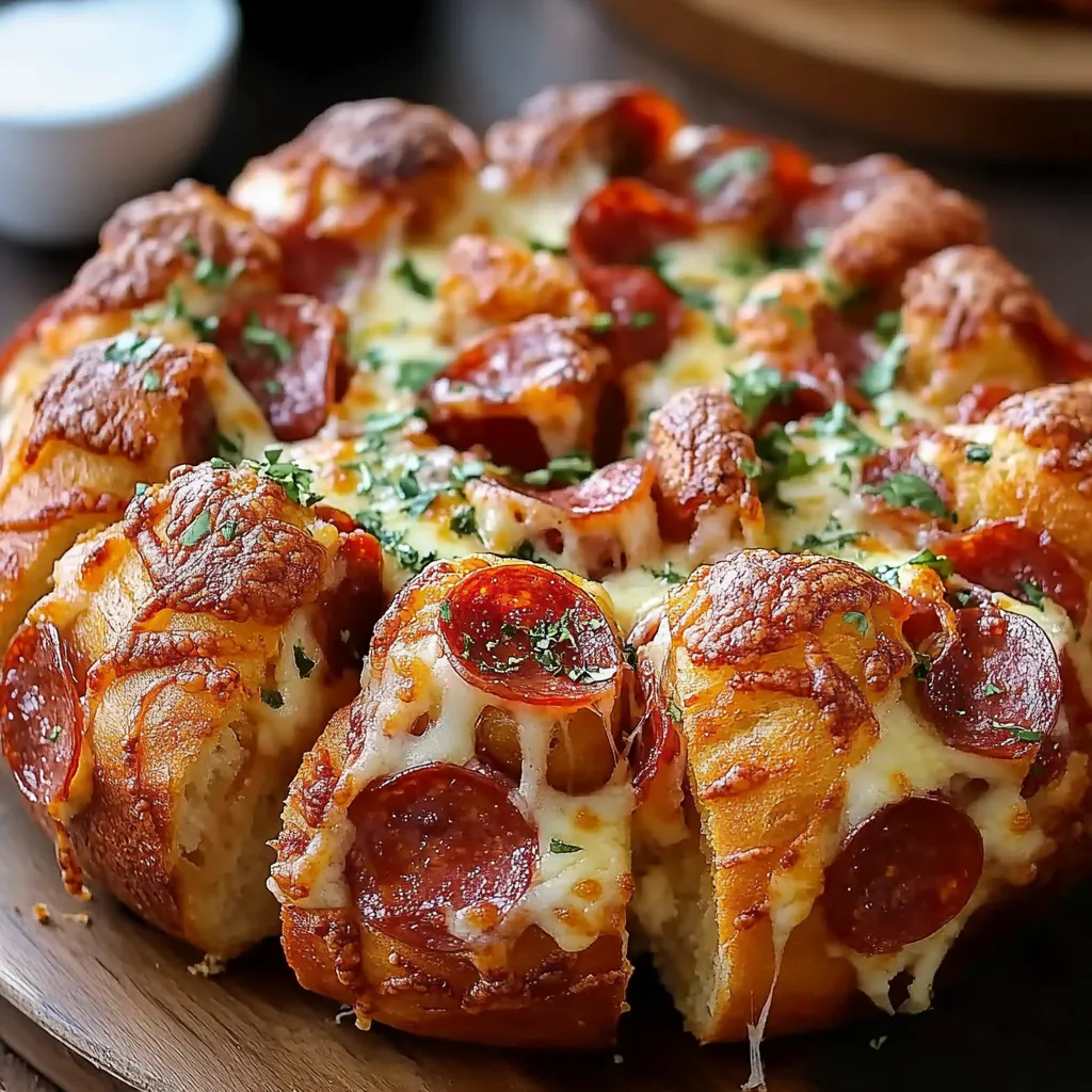 Golden-brown Pizza Monkey Bread with melted cheese and mini pepperoni, served with marinara dipping sauce.