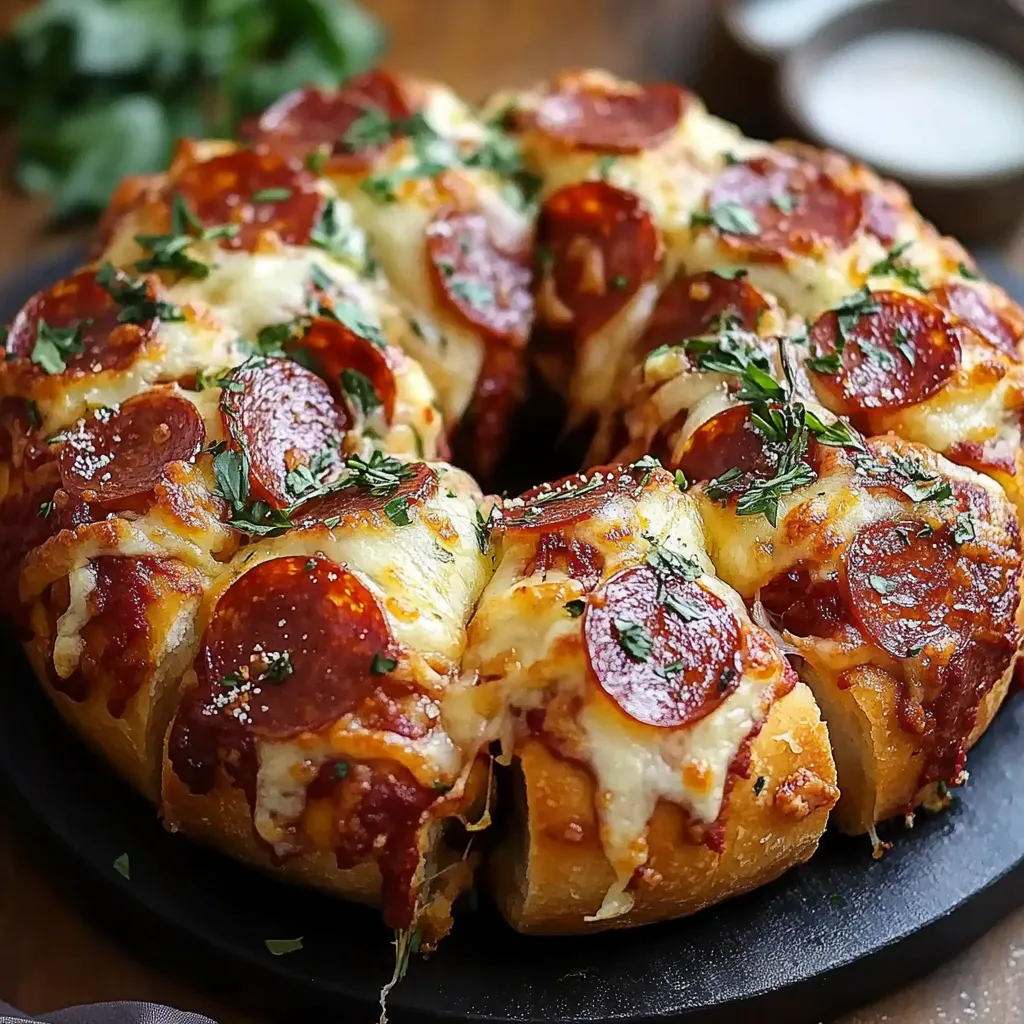 Golden-brown Pizza Monkey Bread with melted cheese and mini pepperoni, served with marinara dipping sauce.