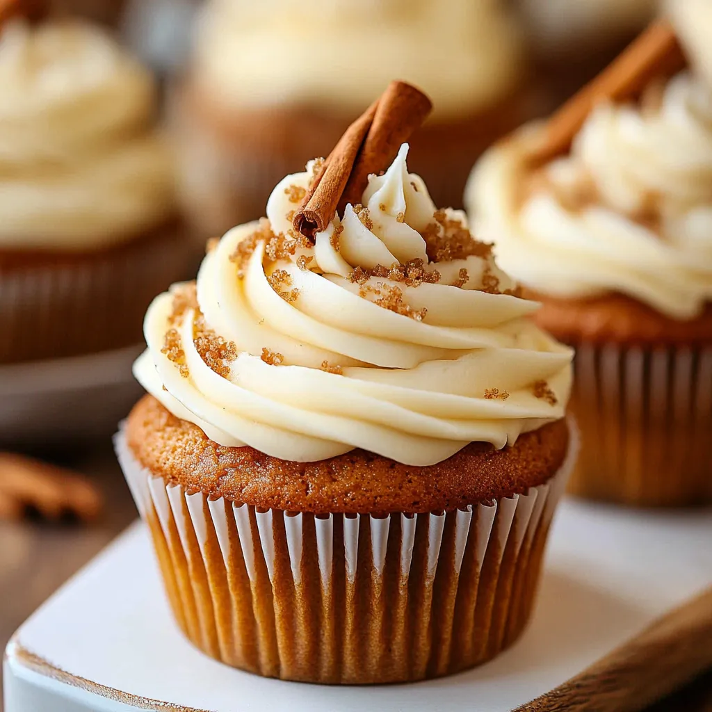 Moist pumpkin cupcakes topped with cream cheese frosting and garnished with a sprinkle of cinnamon.