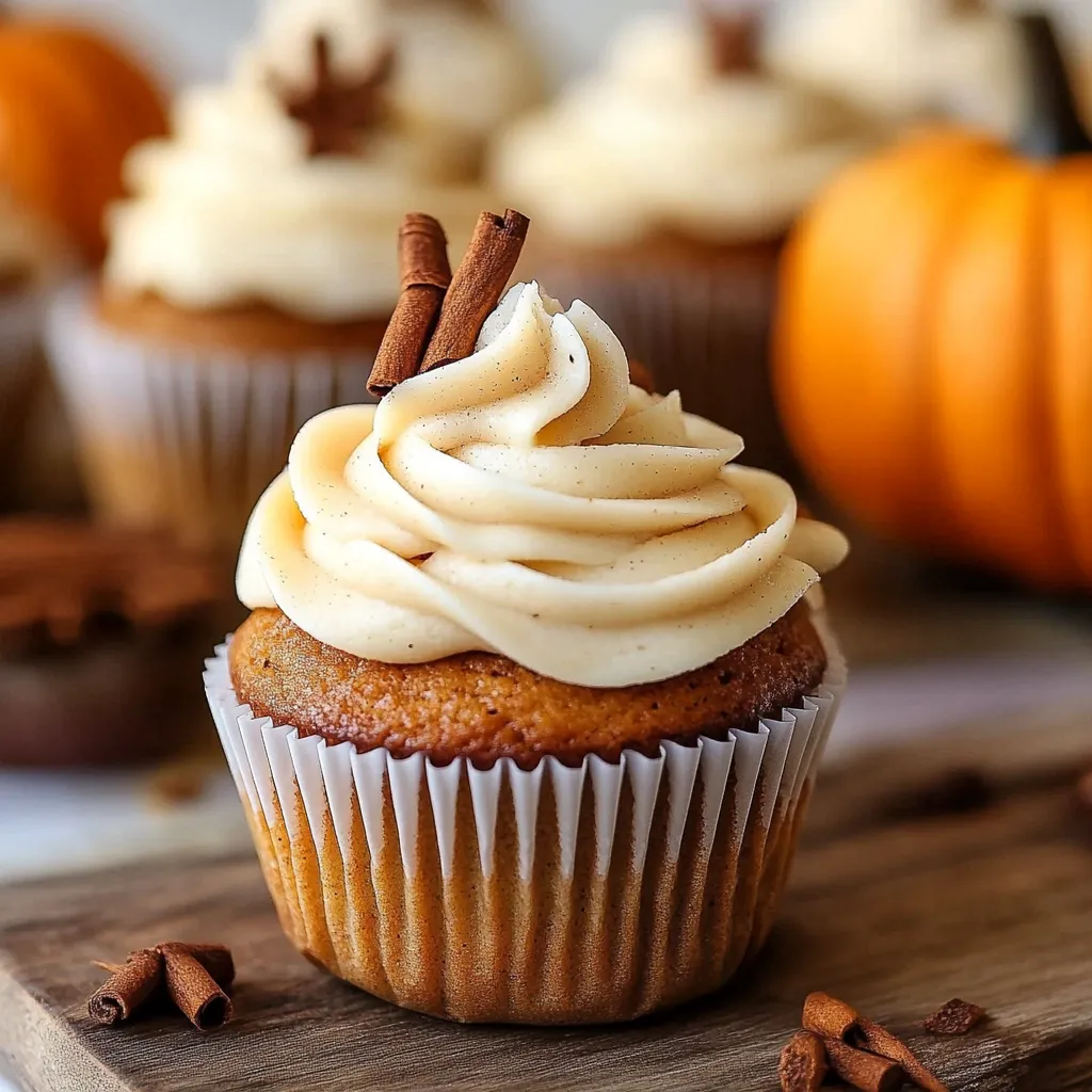 Moist pumpkin cupcakes topped with cream cheese frosting and garnished with a sprinkle of cinnamon.