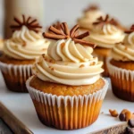 Moist pumpkin cupcakes topped with cream cheese frosting and garnished with a sprinkle of cinnamon.