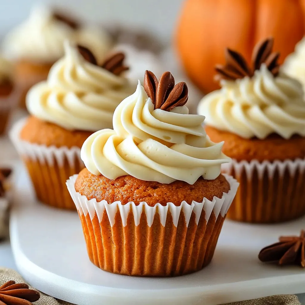 Moist pumpkin cupcakes topped with cream cheese frosting and garnished with a sprinkle of cinnamon.