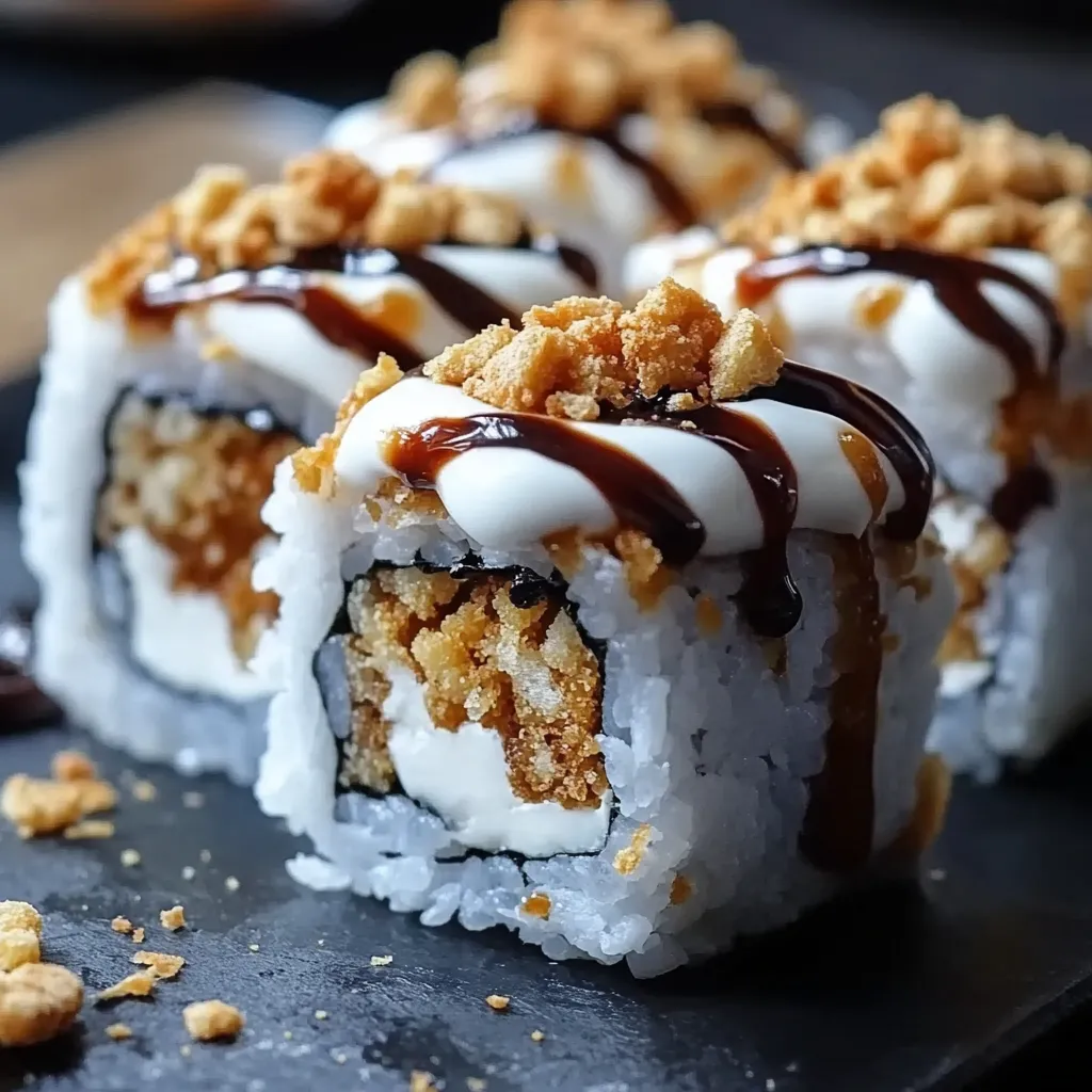 S'mores Sushi rolls on a bamboo mat drizzled with chocolate and topped with mini marshmallows.