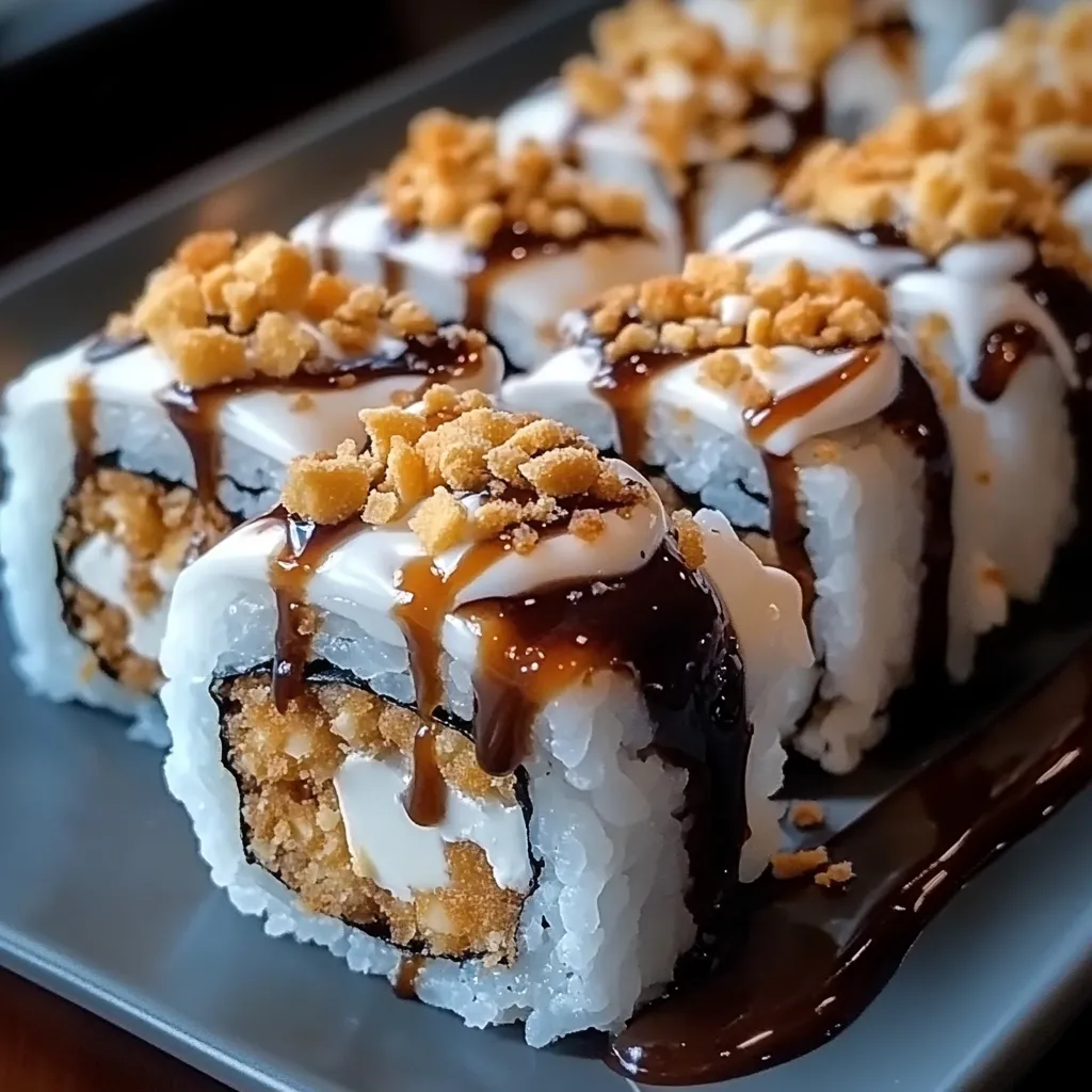 S'mores Sushi rolls on a bamboo mat drizzled with chocolate and topped with mini marshmallows.