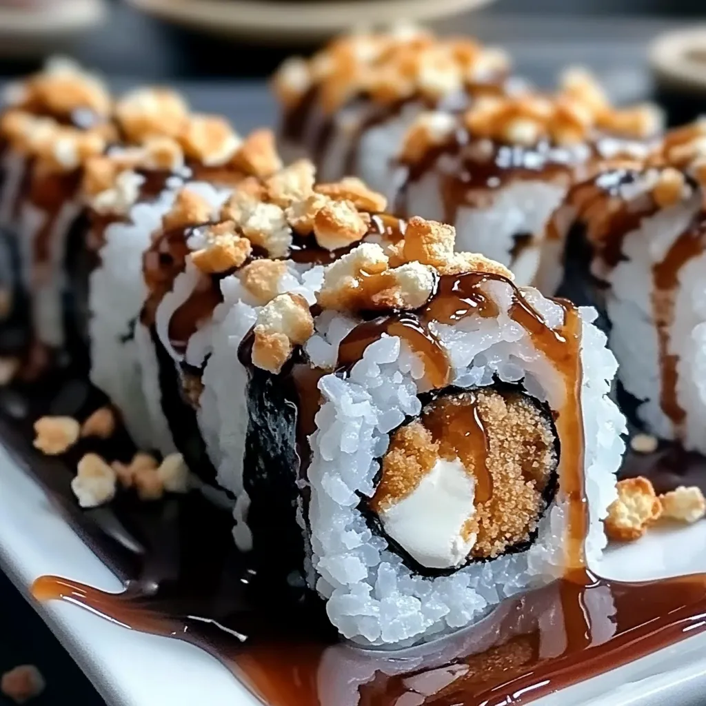 S'mores Sushi rolls on a bamboo mat drizzled with chocolate and topped with mini marshmallows.