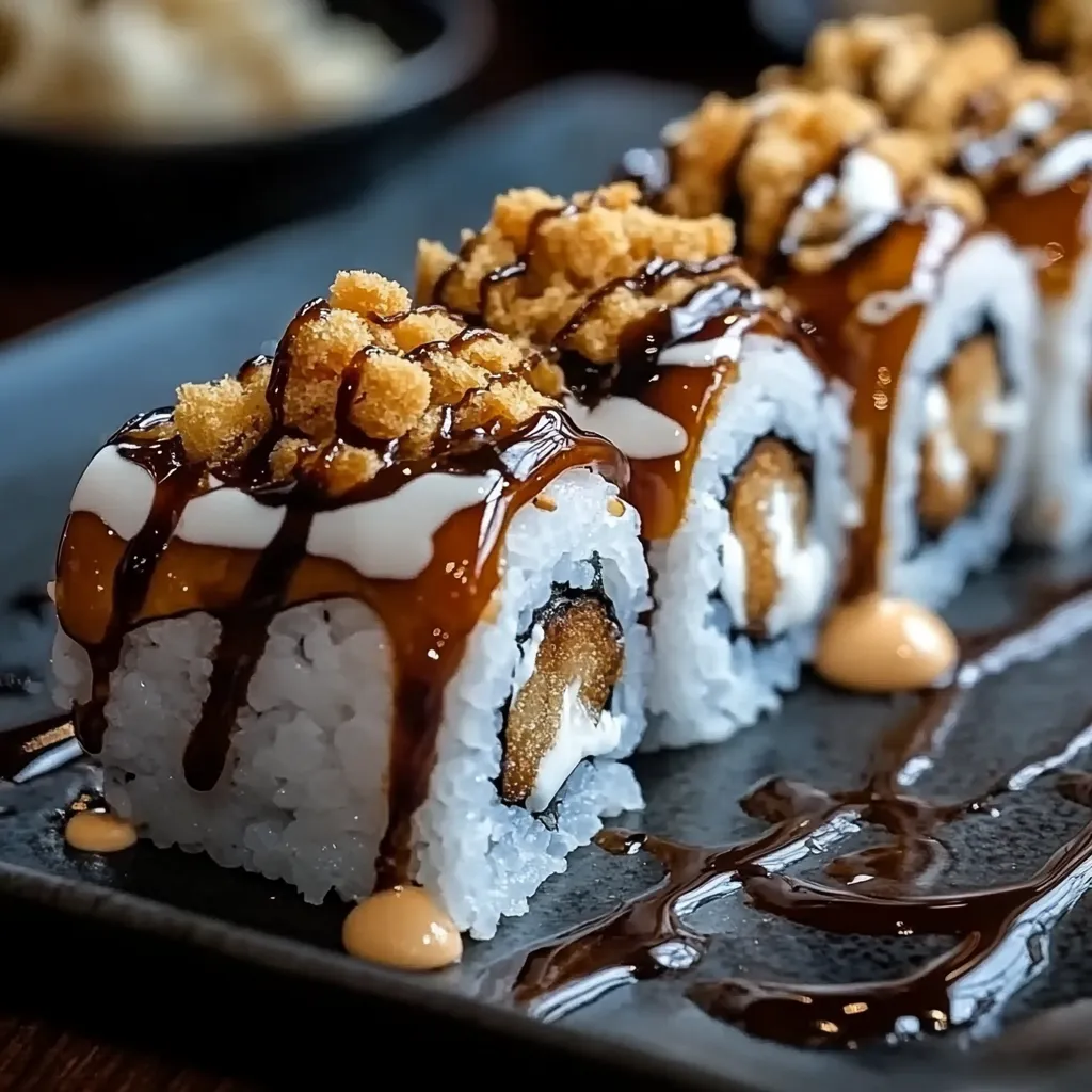 S'mores Sushi rolls on a bamboo mat drizzled with chocolate and topped with mini marshmallows.