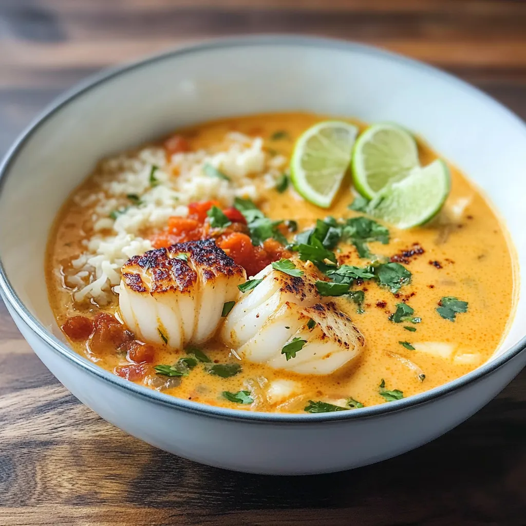 A bowl of Spicy Coconut Lime Soup garnished with fresh cilantro and lime wedges, featuring vibrant shrimp, mushrooms, and bell peppers.