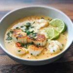 A bowl of Spicy Coconut Lime Soup garnished with fresh cilantro and lime wedges, featuring vibrant shrimp, mushrooms, and bell peppers.