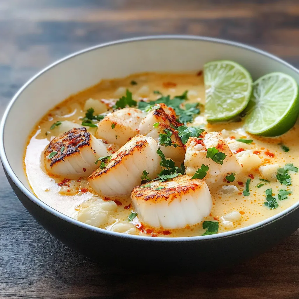 A bowl of Spicy Coconut Lime Soup garnished with fresh cilantro and lime wedges, featuring vibrant shrimp, mushrooms, and bell peppers.