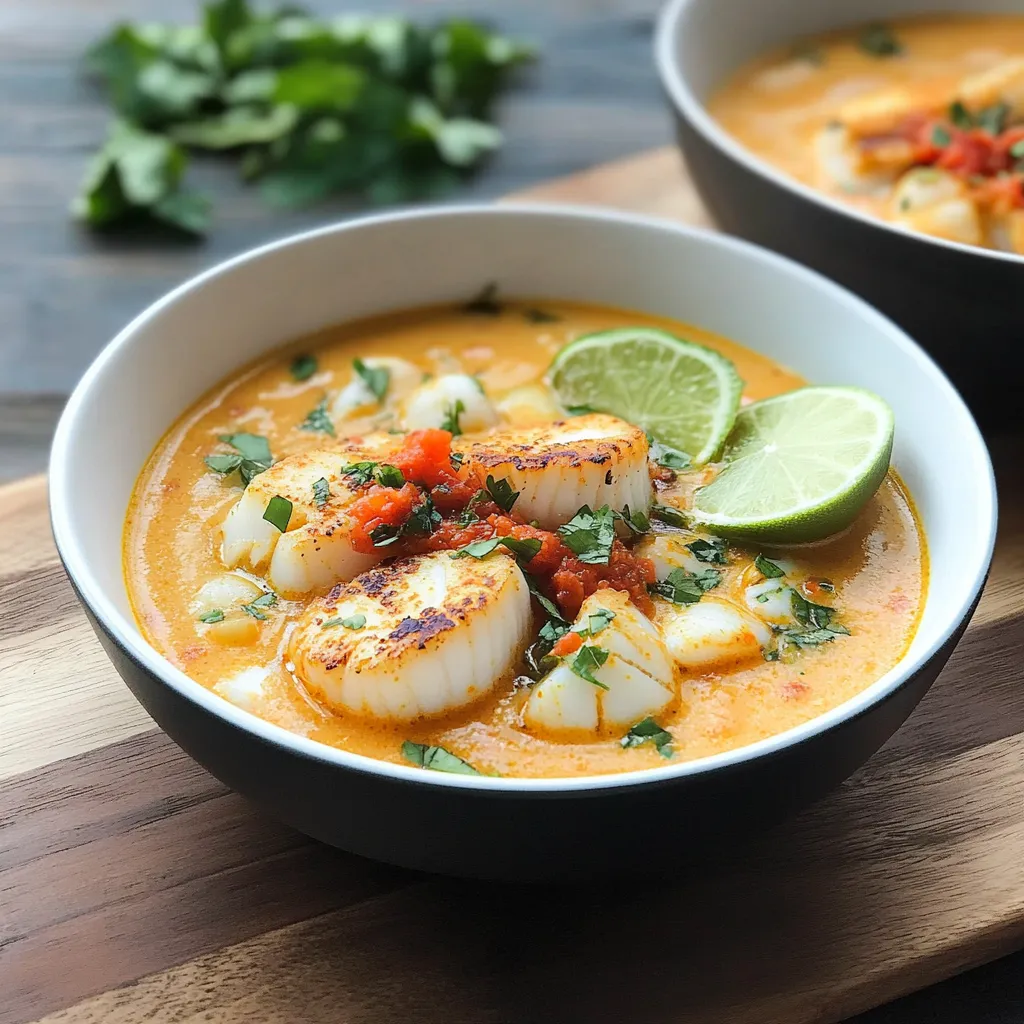 A bowl of Spicy Coconut Lime Soup garnished with fresh cilantro and lime wedges, featuring vibrant shrimp, mushrooms, and bell peppers.