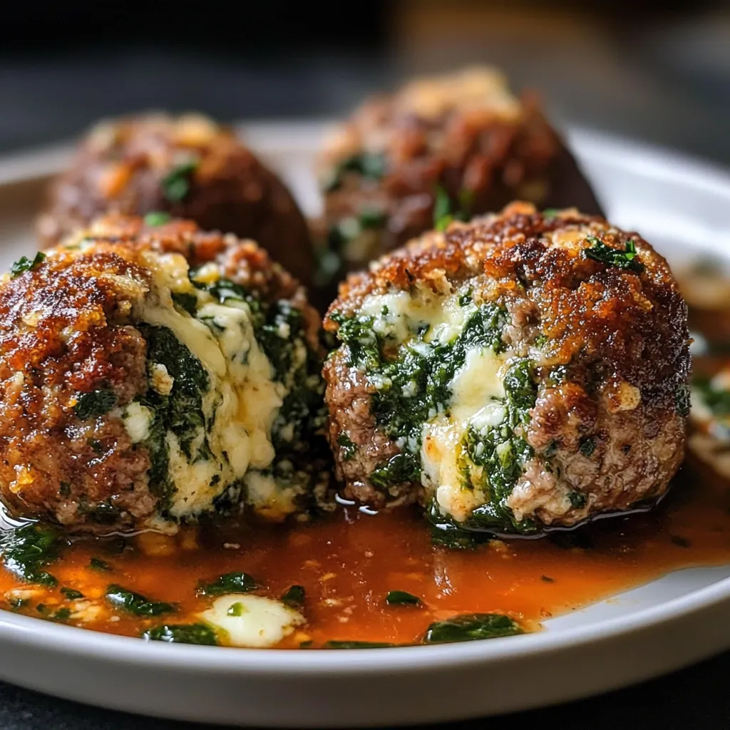 Golden-brown spinach garlic meatballs with melted mozzarella inside, served with marinara sauce and garnished with basil.