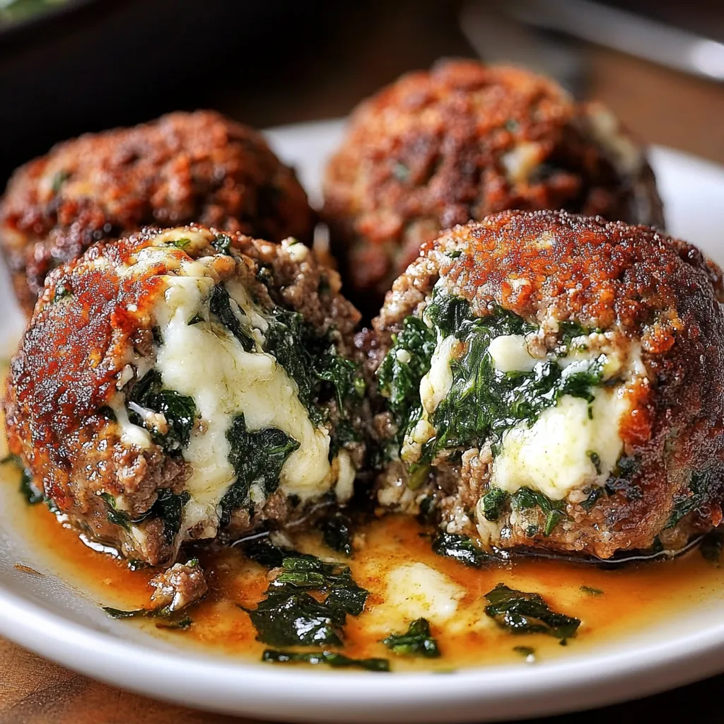 Golden-brown spinach garlic meatballs with melted mozzarella inside, served with marinara sauce and garnished with basil.