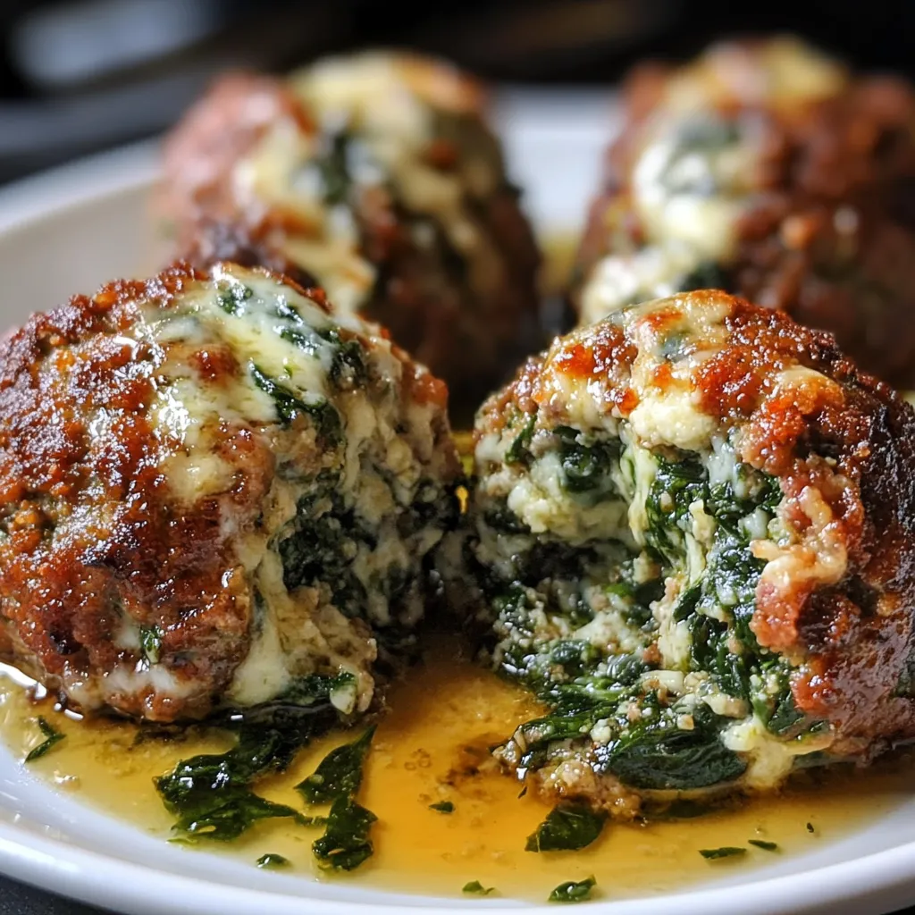 Golden-brown spinach garlic meatballs with melted mozzarella inside, served with marinara sauce and garnished with basil.