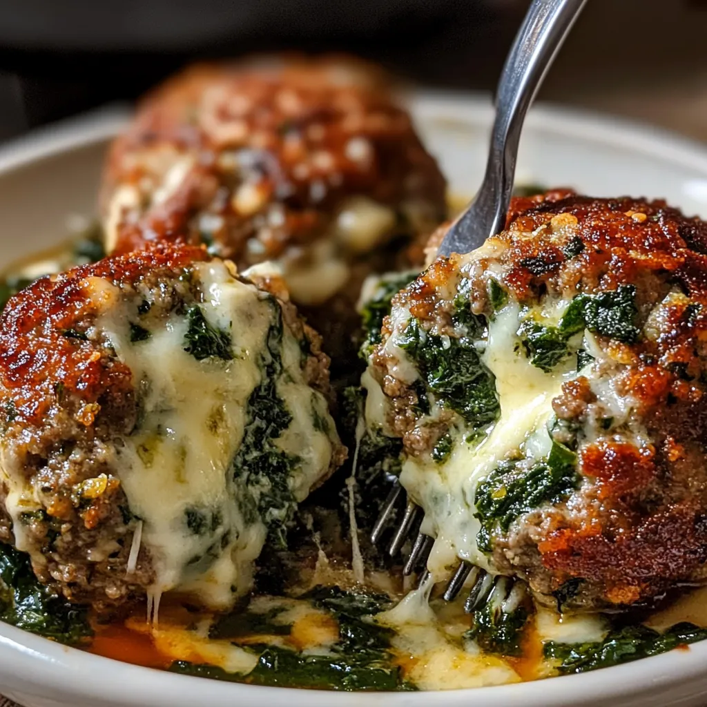 Golden-brown spinach garlic meatballs with melted mozzarella inside, served with marinara sauce and garnished with basil.