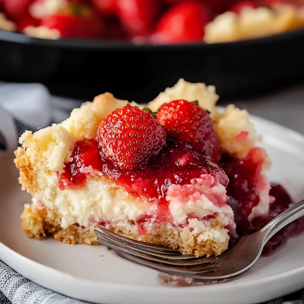 Strawberry Cheesecake Dump Cake served on a white plate, featuring golden brown topping and vibrant layers of strawberries and cream cheese.