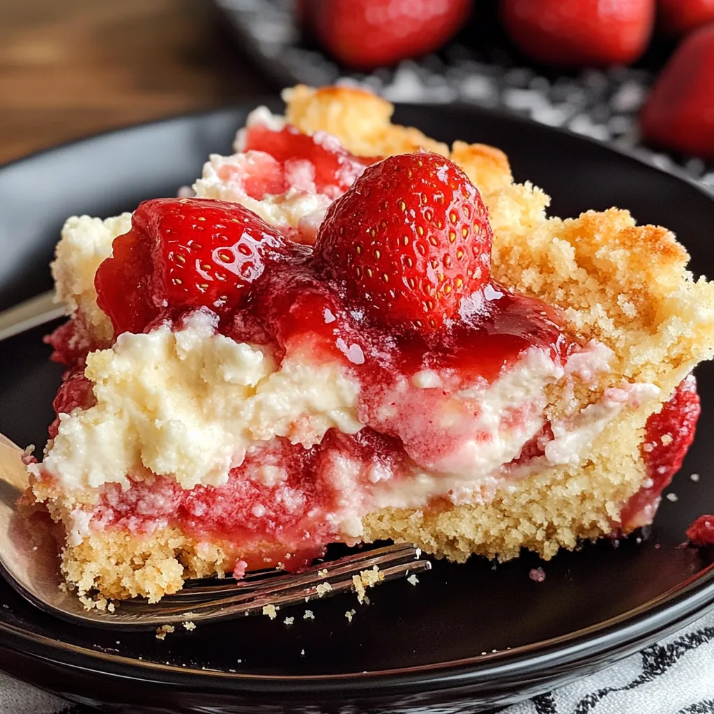 Strawberry Cheesecake Dump Cake served on a white plate, featuring golden brown topping and vibrant layers of strawberries and cream cheese.