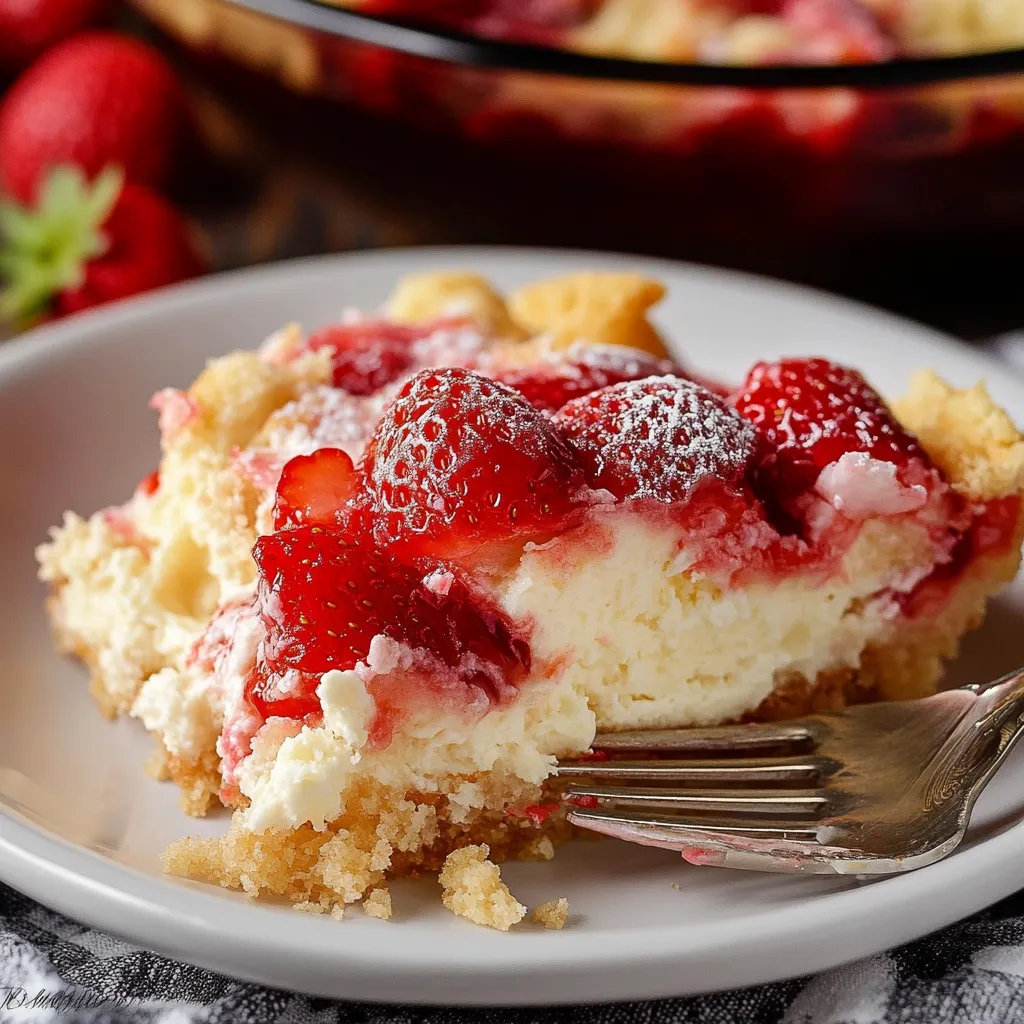 Strawberry Cheesecake Dump Cake served on a white plate, featuring golden brown topping and vibrant layers of strawberries and cream cheese.