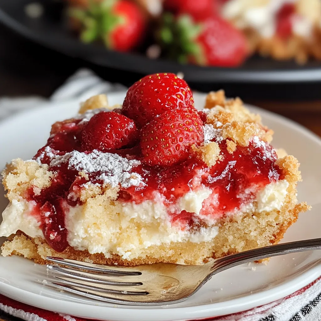 Strawberry Cheesecake Dump Cake served on a white plate, featuring golden brown topping and vibrant layers of strawberries and cream cheese.