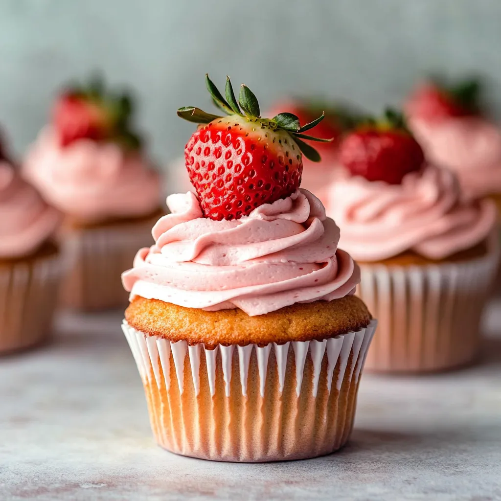 Freshly baked strawberry cupcakes topped with creamy strawberry frosting and garnished with fresh strawberry slices.