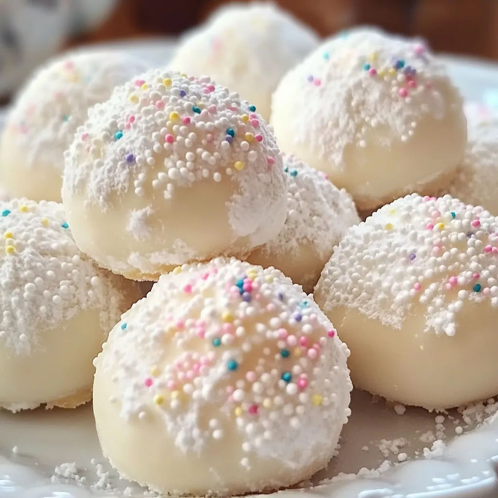 Sweetened Condensed Milk Snowball Cookies dusted with powdered sugar on a festive holiday platter.