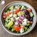 Fresh Greek salad with tomatoes, cucumber, red onion, green pepper, feta cheese, and Kalamata olives drizzled with a tangy dressing.