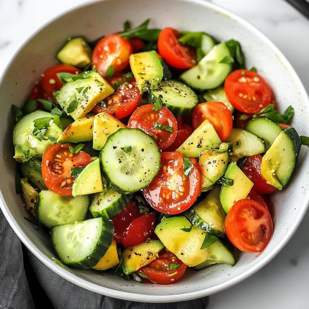 Fresh Tomato, Cucumber, and Avocado Salad garnished with parsley and served in a white bowl.