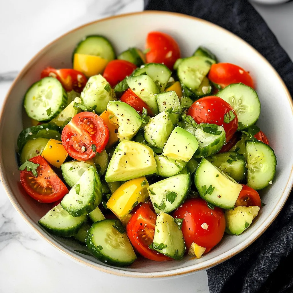 Fresh Tomato, Cucumber, and Avocado Salad garnished with parsley and served in a white bowl.