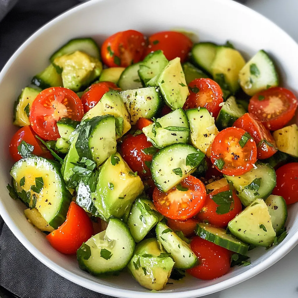 Fresh Tomato, Cucumber, and Avocado Salad garnished with parsley and served in a white bowl.