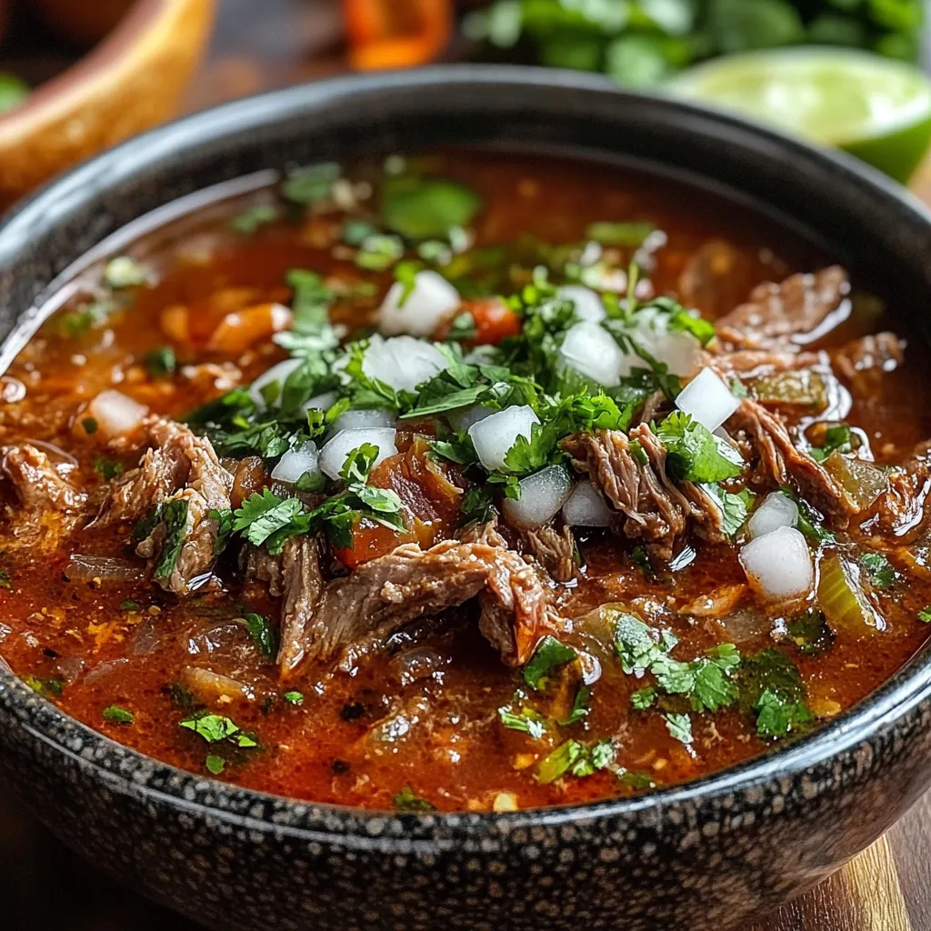 A bowl of Traditional Mexican Birria stew topped with fresh cilantro and onion, served with lime wedges and warm tortillas.