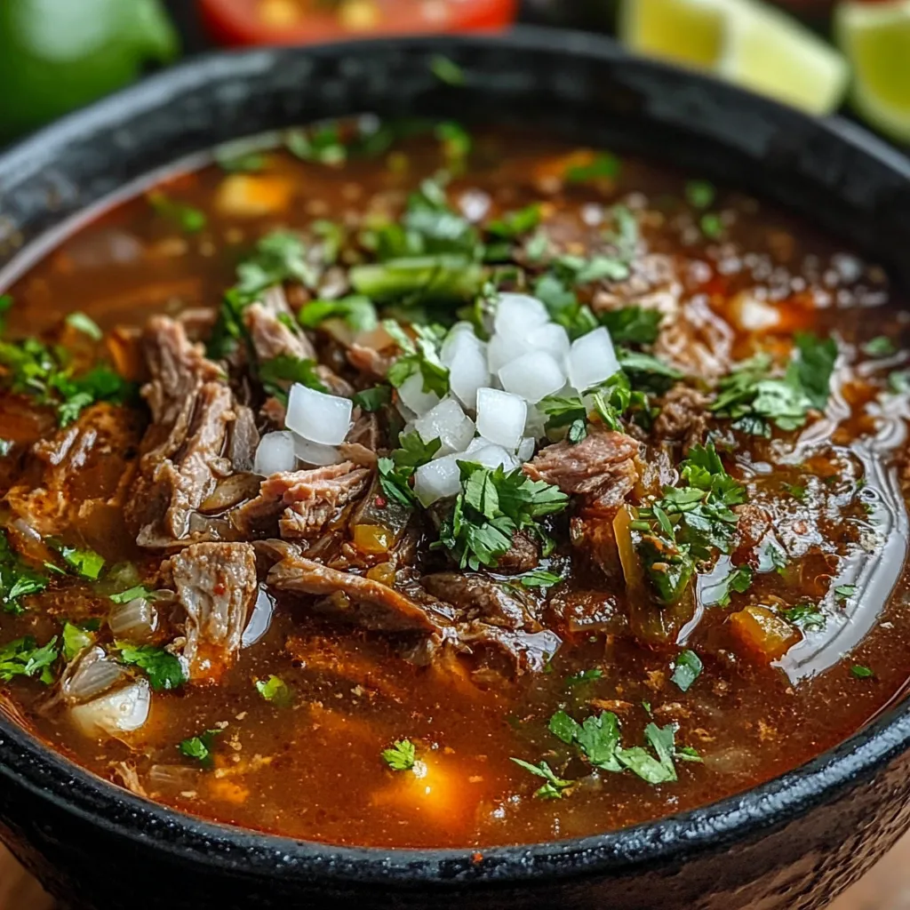 A bowl of Traditional Mexican Birria stew topped with fresh cilantro and onion, served with lime wedges and warm tortillas.