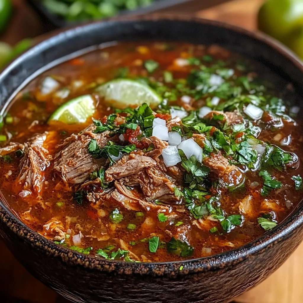 A bowl of Traditional Mexican Birria stew topped with fresh cilantro and onion, served with lime wedges and warm tortillas.