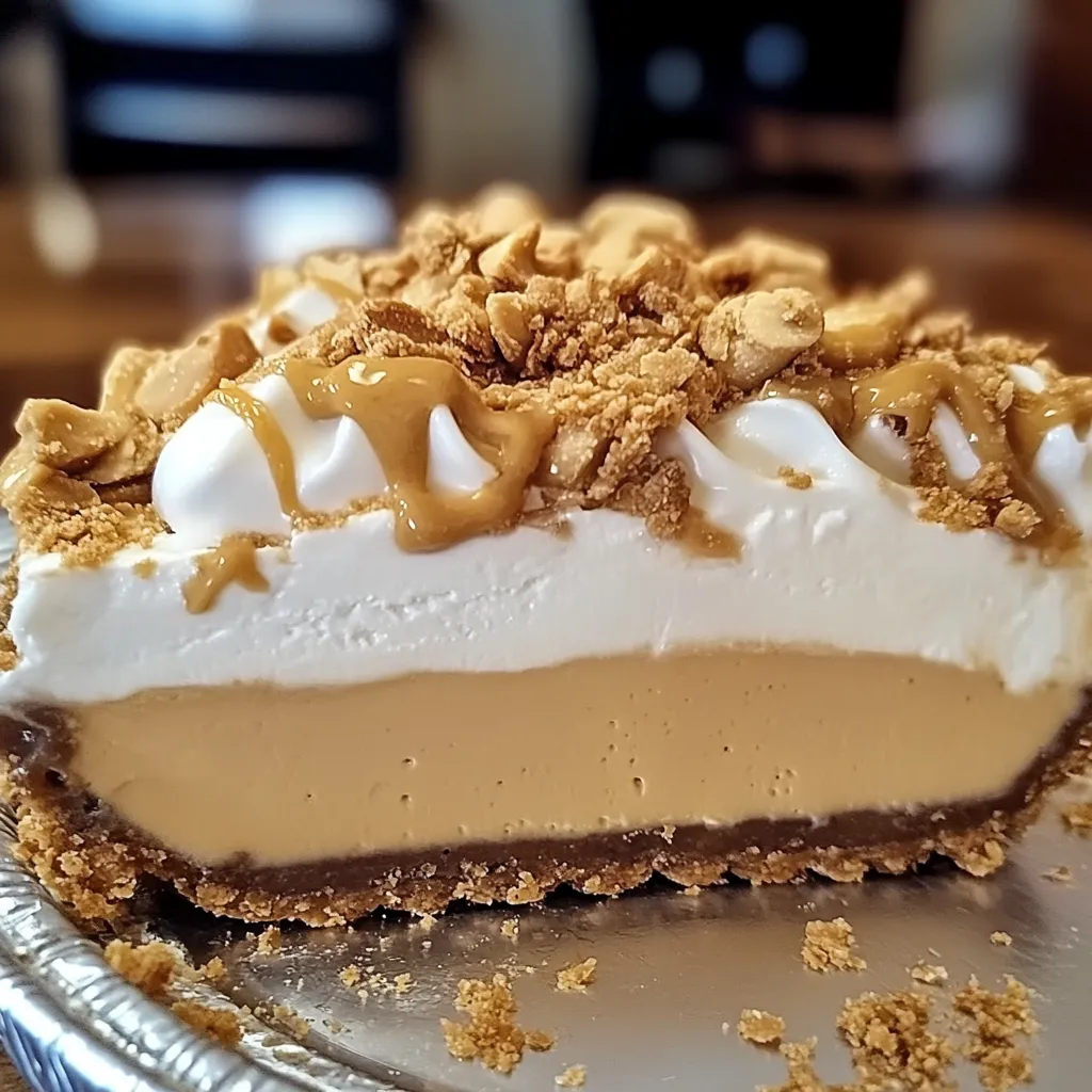 A slice of Amish Peanut Butter Cream Pie with a flaky crust, creamy peanut butter filling, whipped cream topping, and peanut butter crumbs.