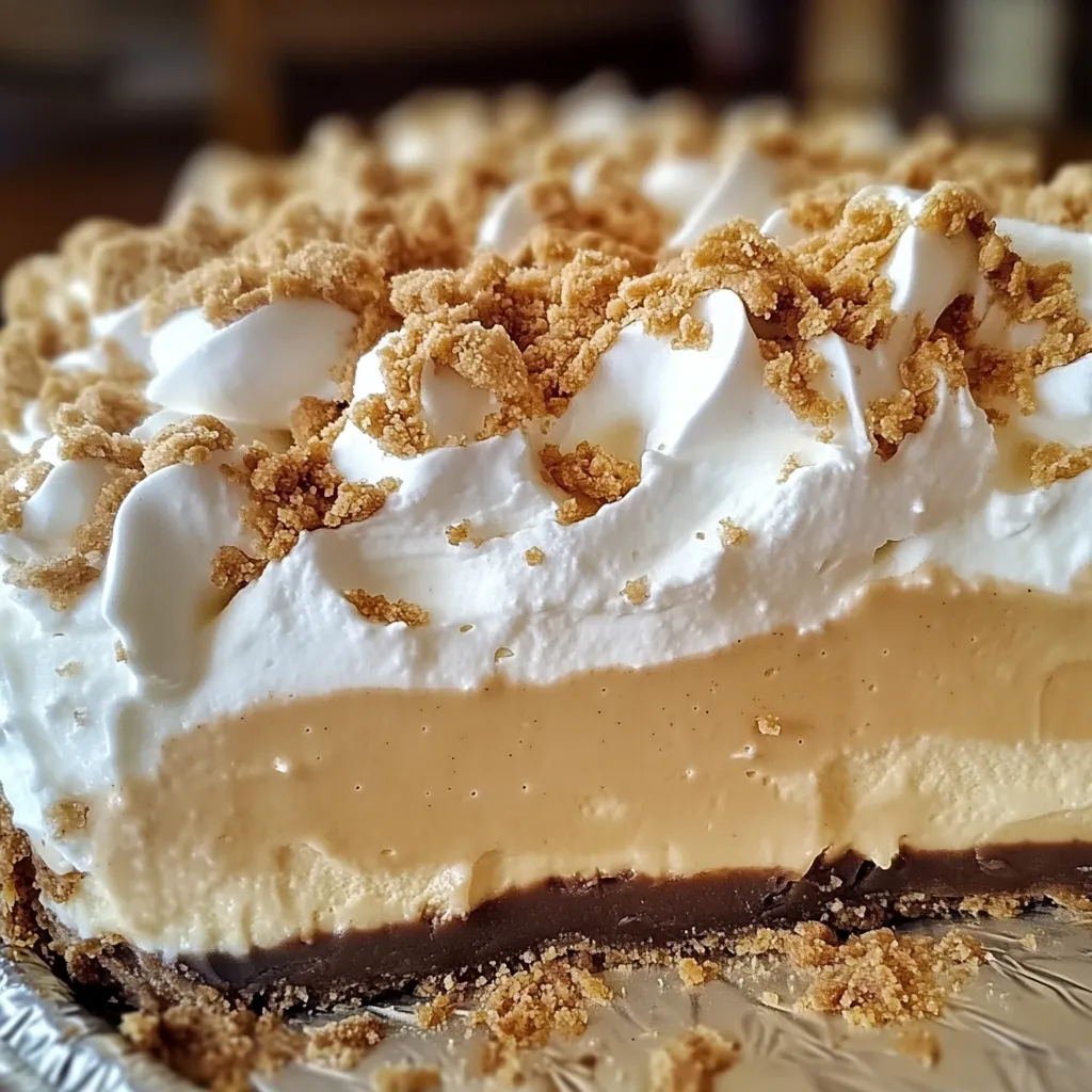 A slice of Amish Peanut Butter Cream Pie with a flaky crust, creamy peanut butter filling, whipped cream topping, and peanut butter crumbs.