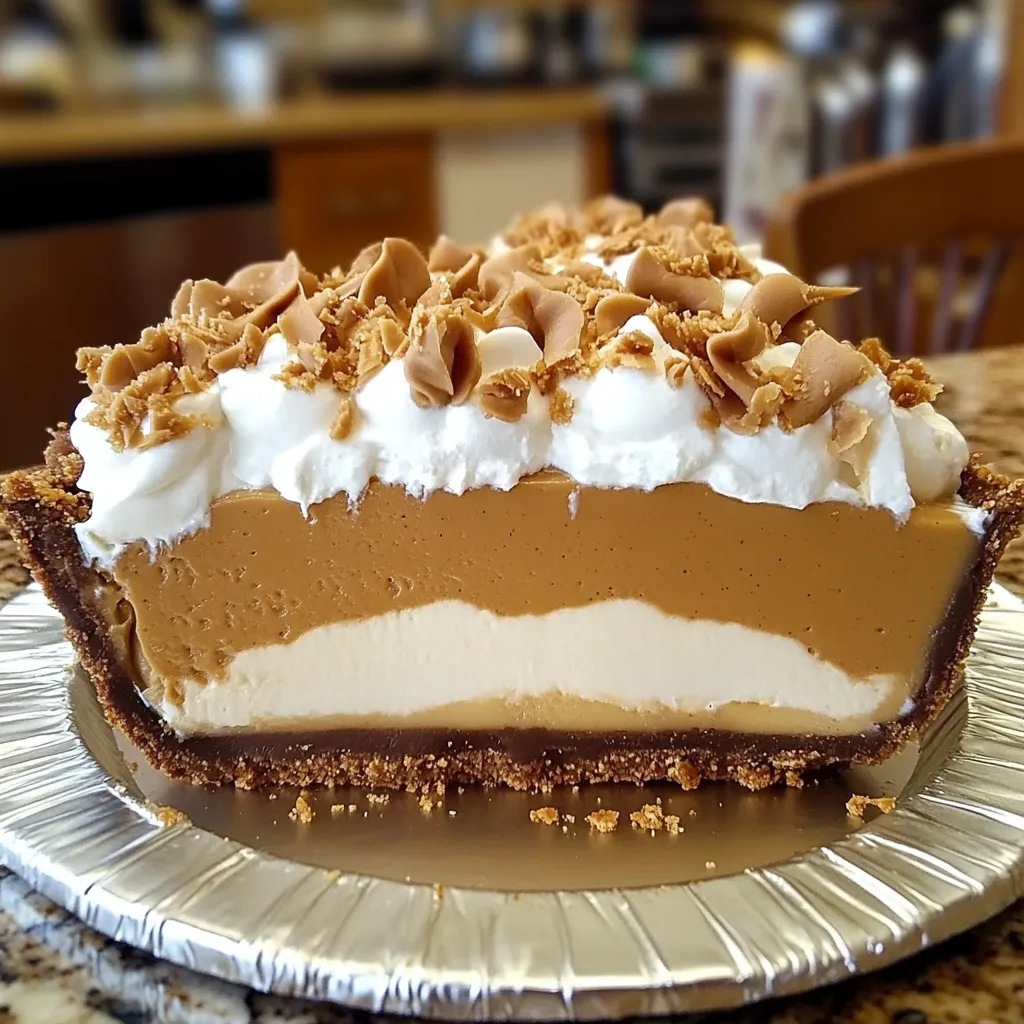 A slice of Amish Peanut Butter Cream Pie with a flaky crust, creamy peanut butter filling, whipped cream topping, and peanut butter crumbs.