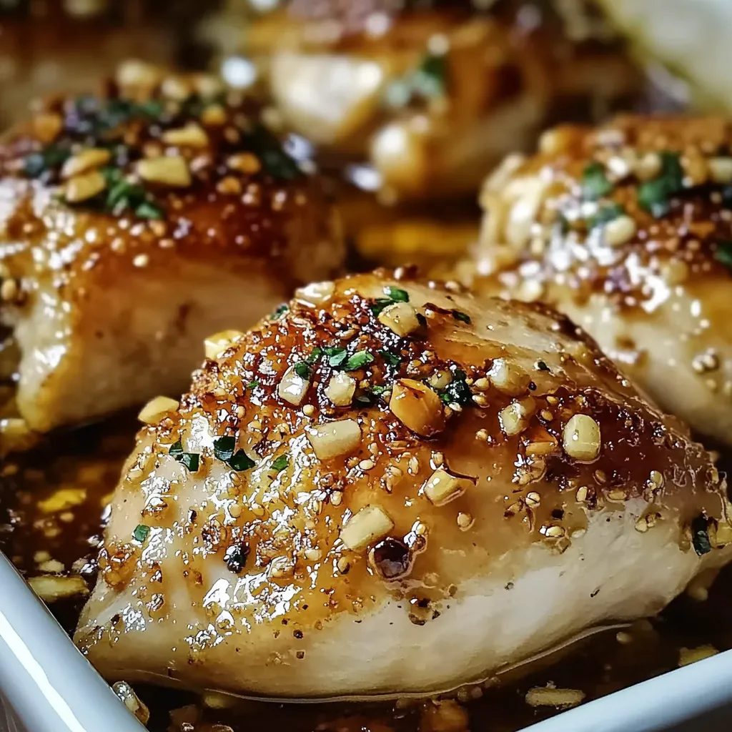 Baked garlic brown sugar chicken in a white dish, garnished with fresh parsley.