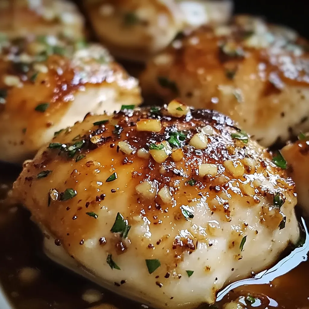 Baked garlic brown sugar chicken in a white dish, garnished with fresh parsley.